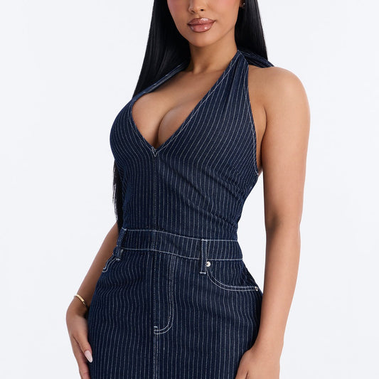 Alexa Halter Denim Mini Dress