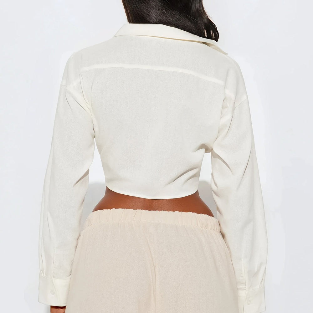Alia Linen Tie Front Cropped Top