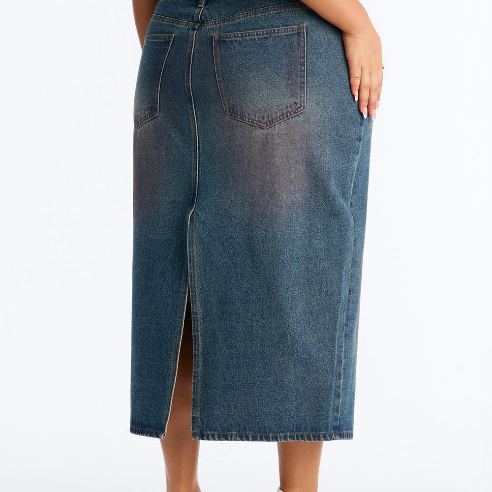 Adri Pink Tinted High Slit Denim Maxi Skirt
