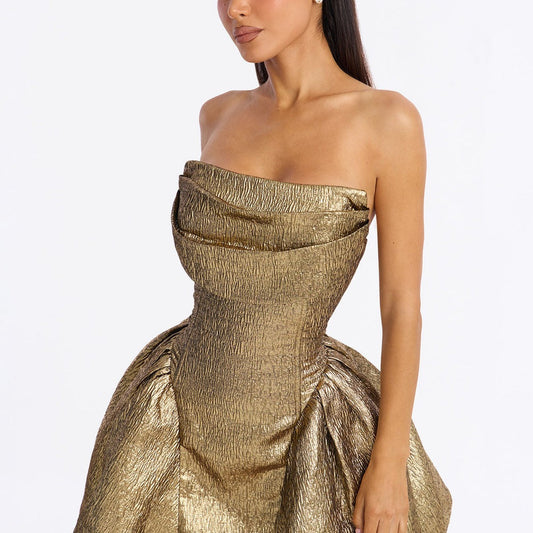 24 Karat Gold Strapless Jacquard Mini Dress