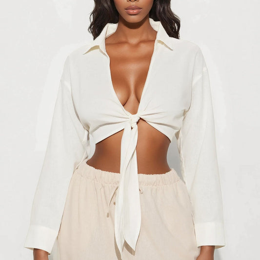 Alia Linen Tie Front Cropped Top
