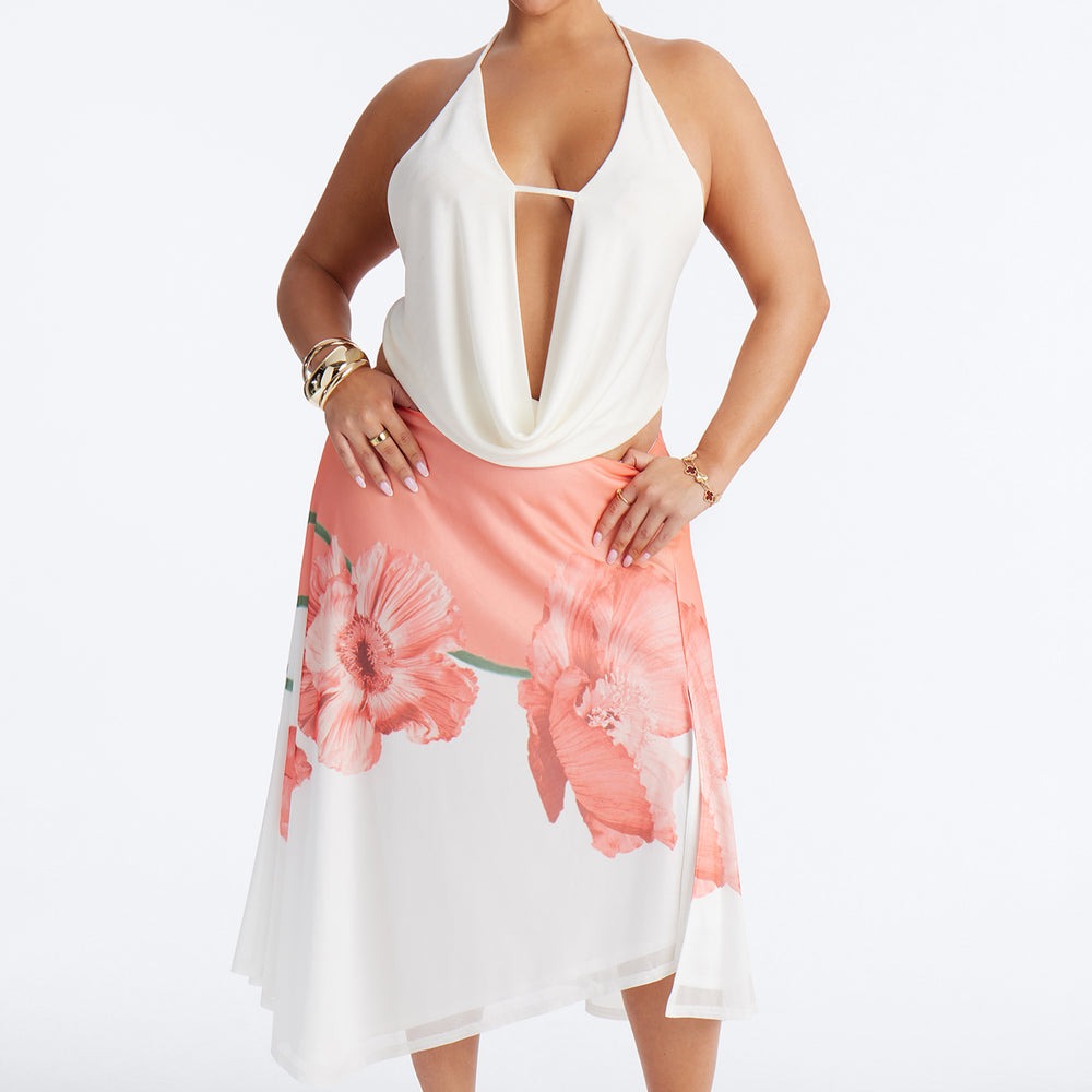 Aelia Floral Asymmetrical Mesh Midi Skirt