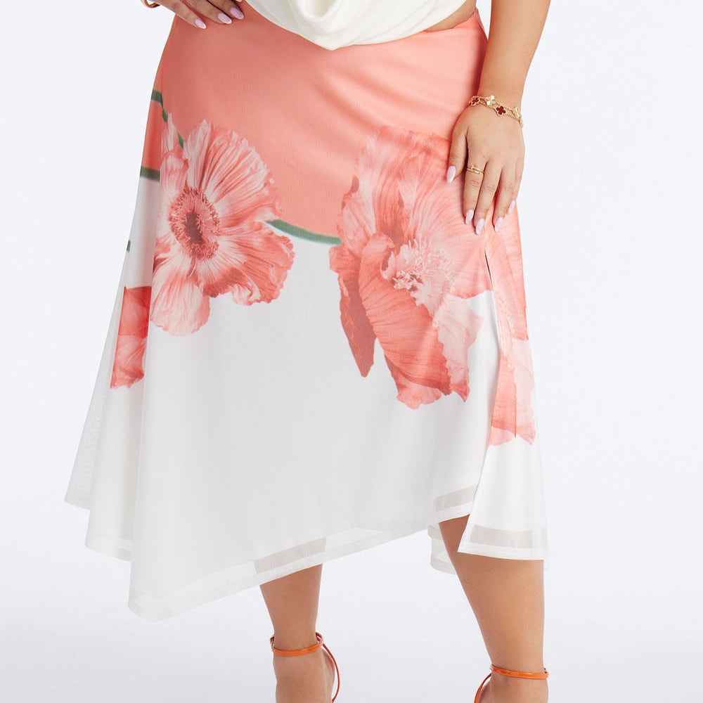 Aelia Floral Asymmetrical Mesh Midi Skirt