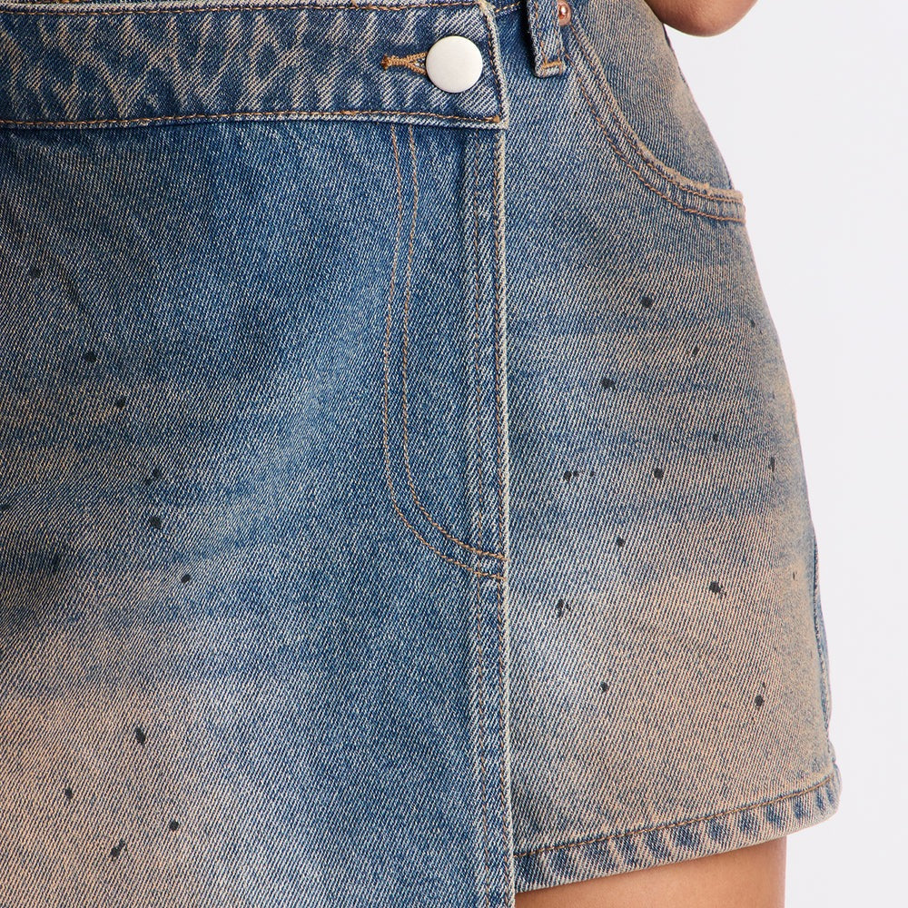 Alicia Vintage Wash Wrap Denim Mini Skort