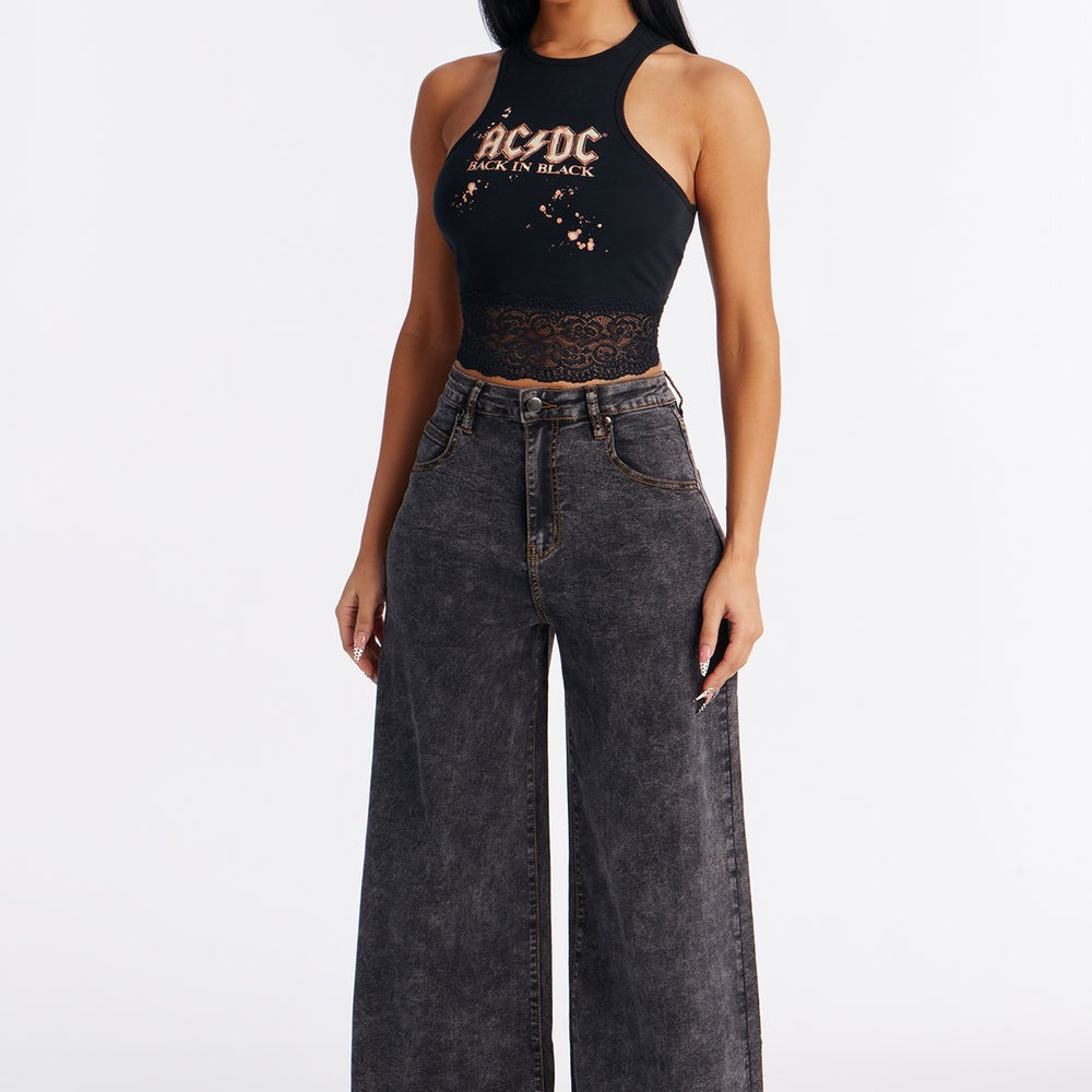 ACDC Cropped Muscle Tank With Lace Trim