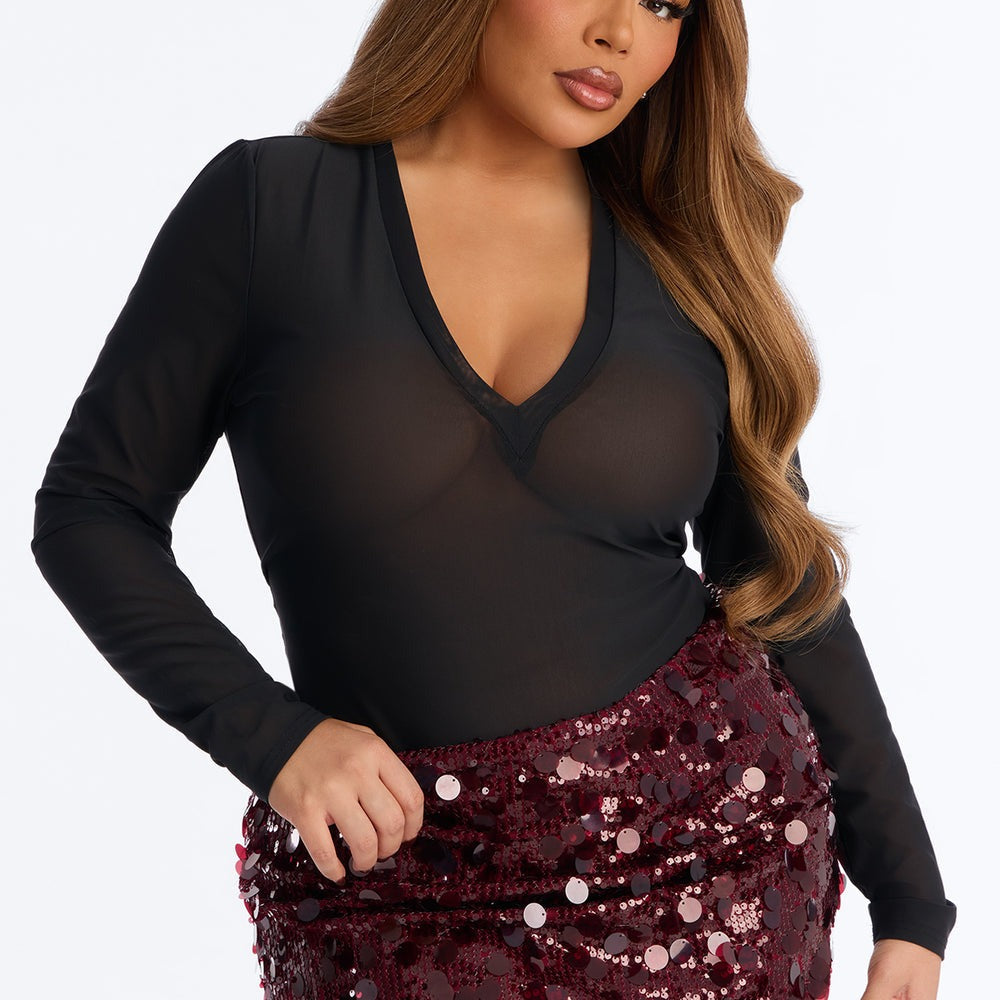After Dark Mesh V-Neck Long Sleeve Bodysuit