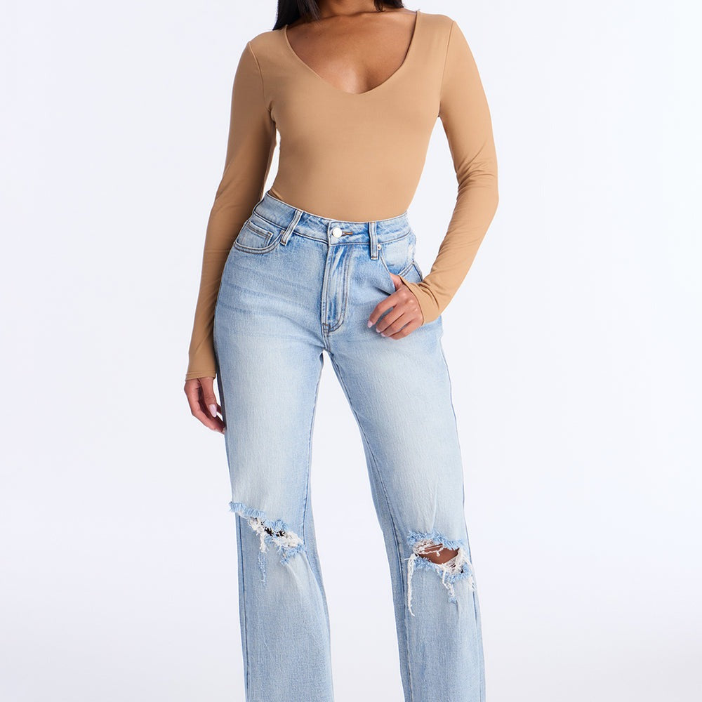 A Secret High Rise Ripped Stretch Straight Leg Jeans