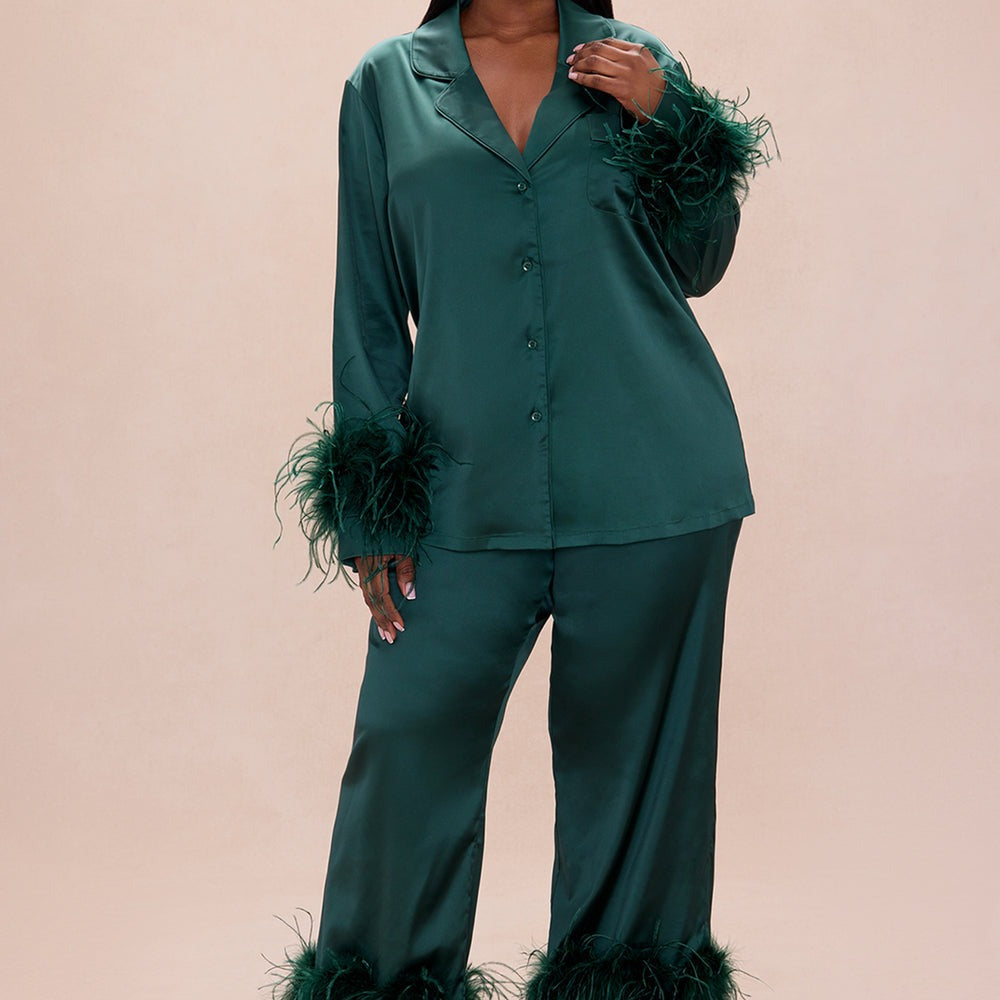 Alexandra Feathered Satin Pant Set