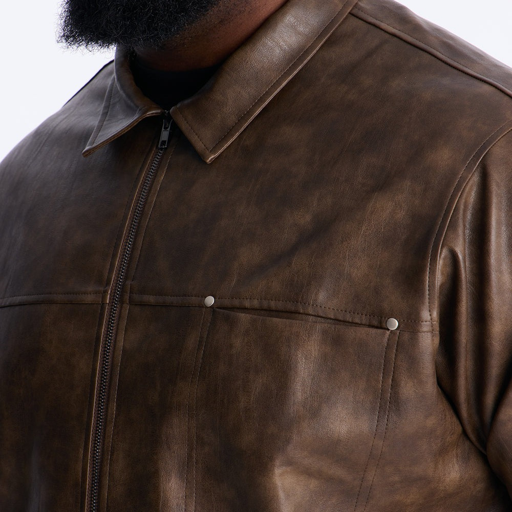 2 Stud Faux Leather Leather Zip Up Shirt