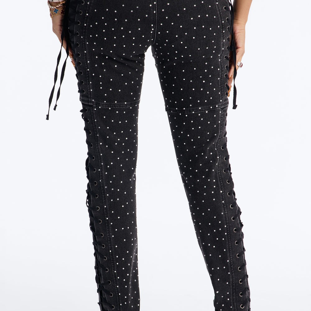 After Hours Rhinestone Lace Up Flare Pant