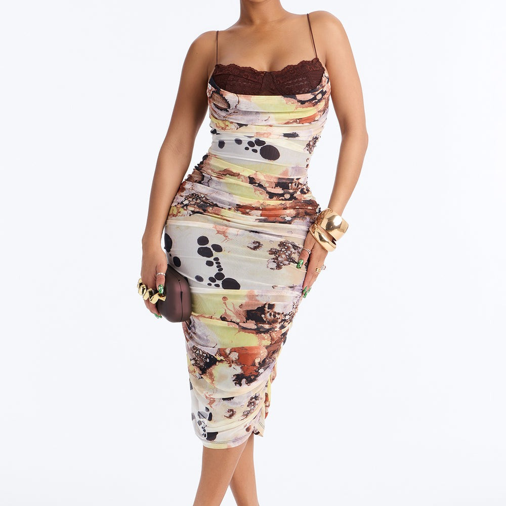Alaira Ruched Mesh Midi Dress