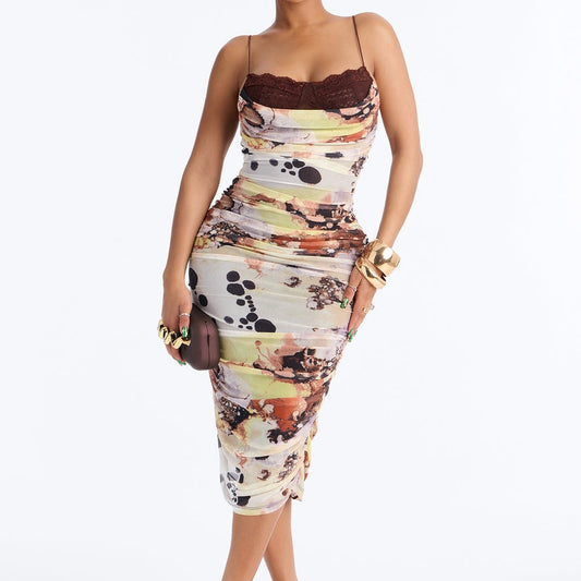 Alaira Ruched Mesh Midi Dress