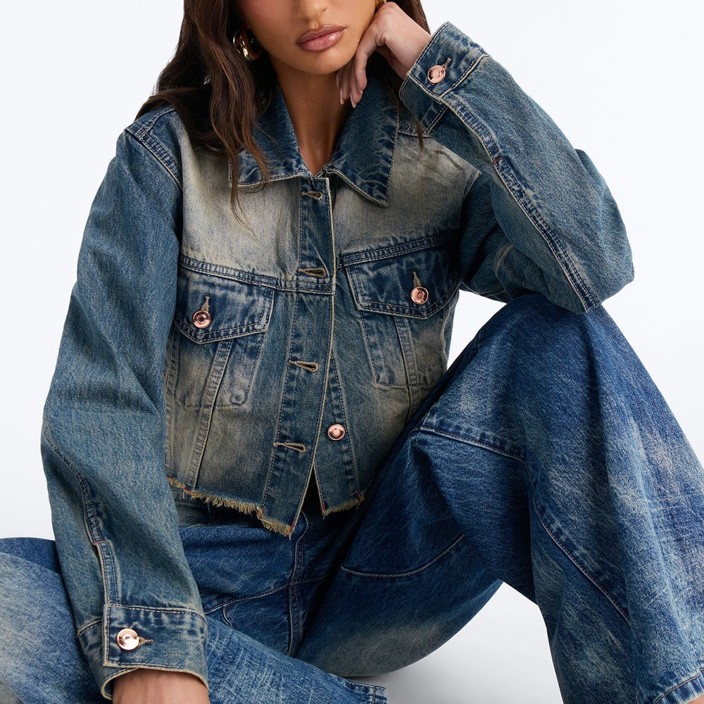 A Little Bossy Embellished Cropped Denim Jacket