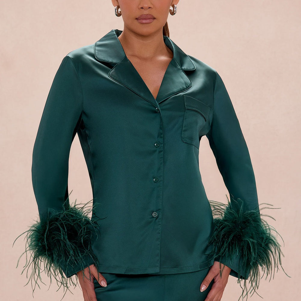 Alexandra Feathered Satin Pant Set