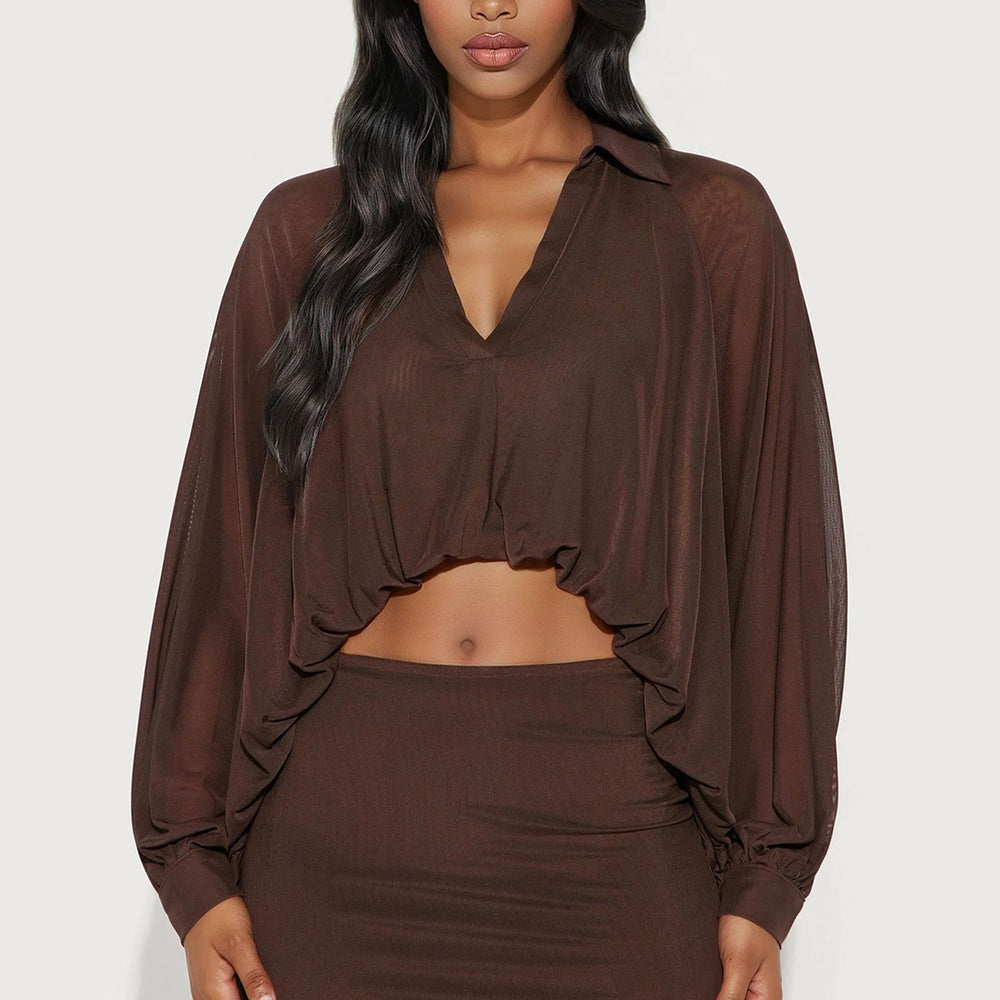 After Hours Mesh Bubble Hem Blouse Skirt Set