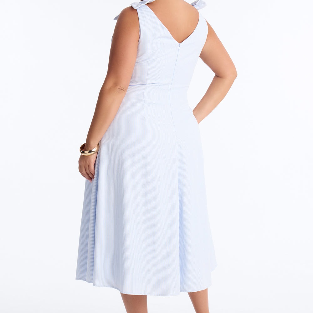 Adele Bow Pinstripe Midi Dress