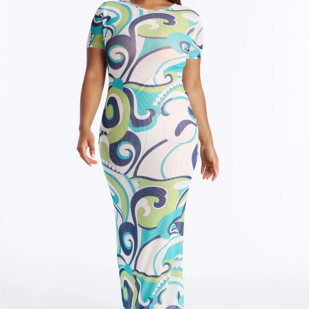 After Sunset Print Mesh Maxi Dress