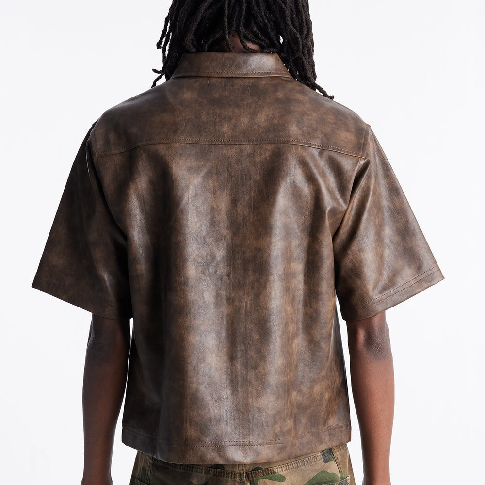 2 Stud Faux Leather Leather Zip Up Shirt