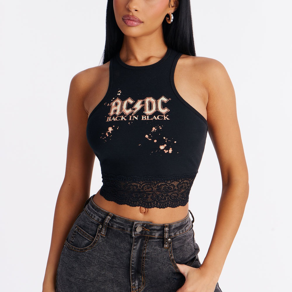 ACDC Cropped Muscle Tank With Lace Trim