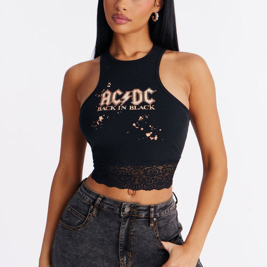 ACDC Cropped Muscle Tank With Lace Trim