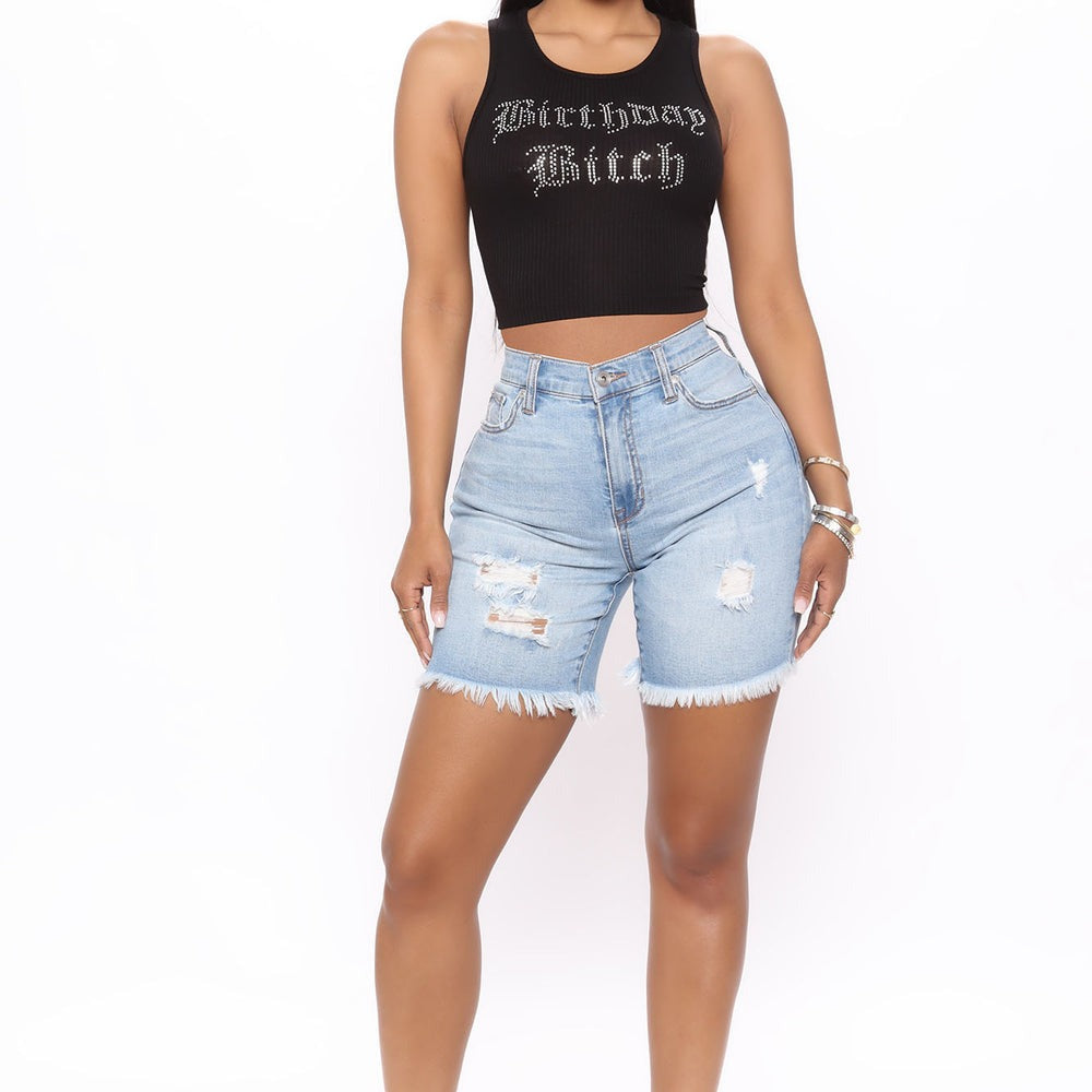 Adrian Mid Rise Distressed Denim Bermudas