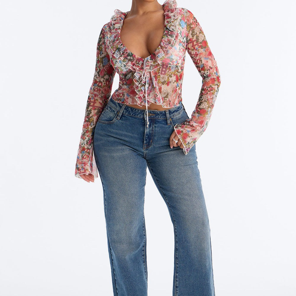 Alexa Ruffle Floral Mesh Long Sleeve Top