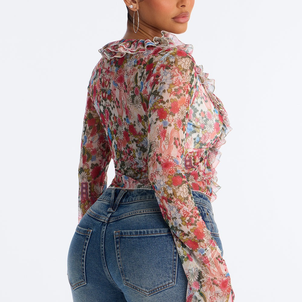 Alexa Ruffle Floral Mesh Long Sleeve Top