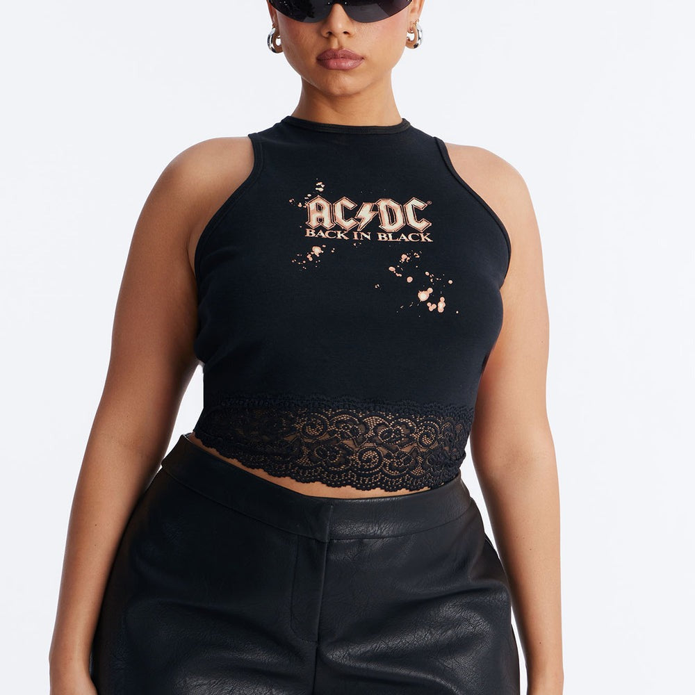 ACDC Cropped Muscle Tank With Lace Trim