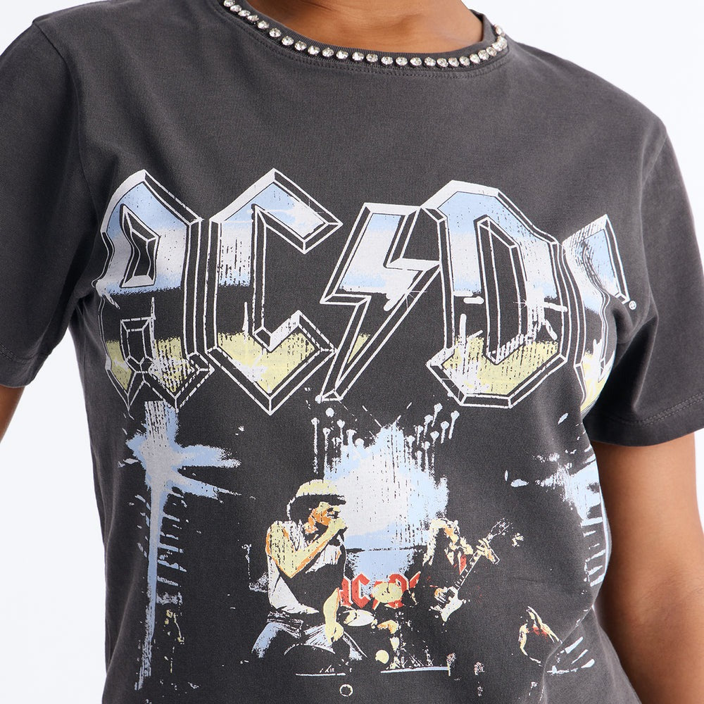 ACDC Jeweled Neck Washed Tee