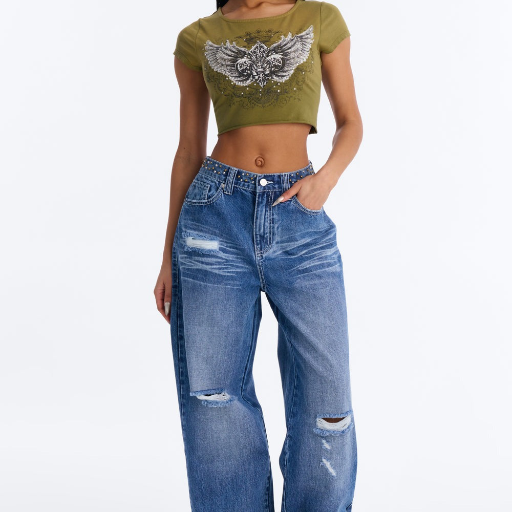 Ainât No Saint Studded Embroidered Baggy Jeans