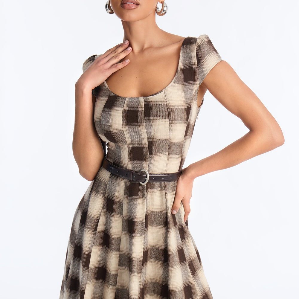 Alaina Belted Plaid Midi Dress