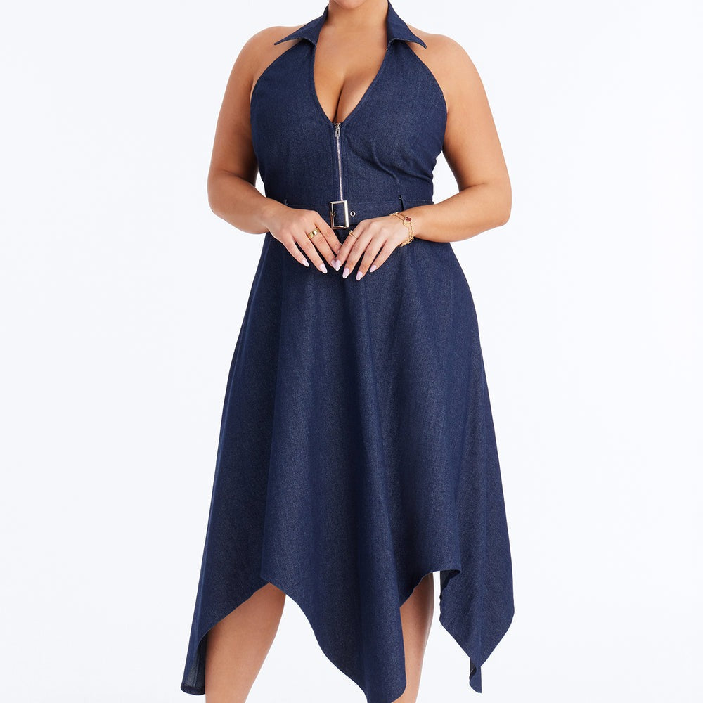 Alana Belted Denim Midi Dress