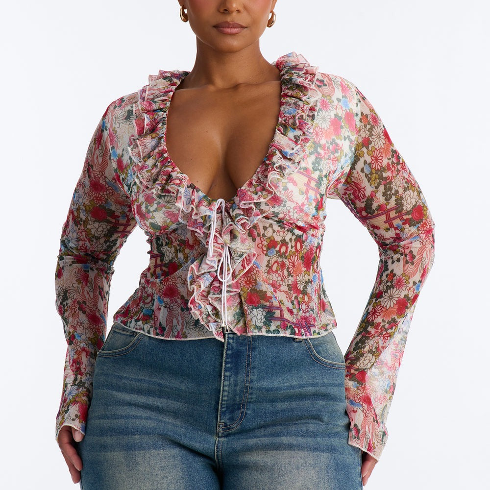 Alexa Ruffle Floral Mesh Long Sleeve Top