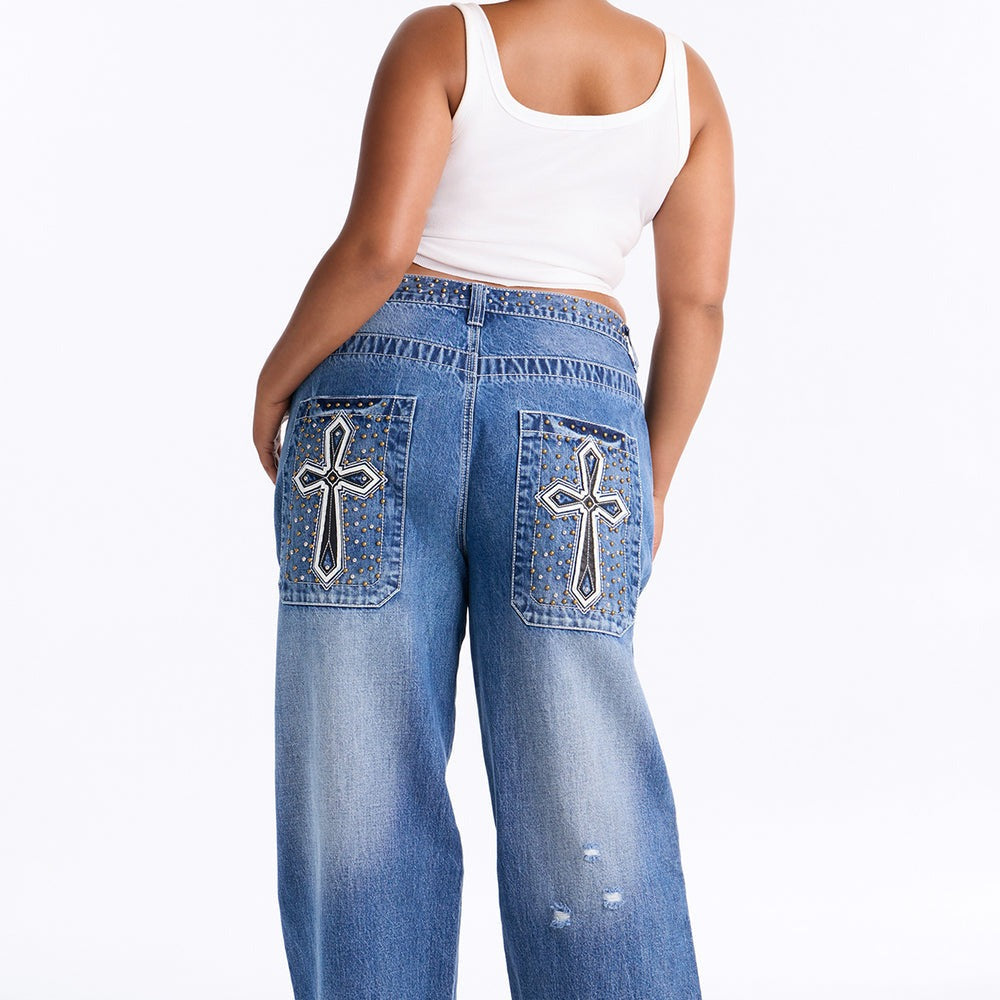 Ainât No Saint Studded Embroidered Baggy Jeans