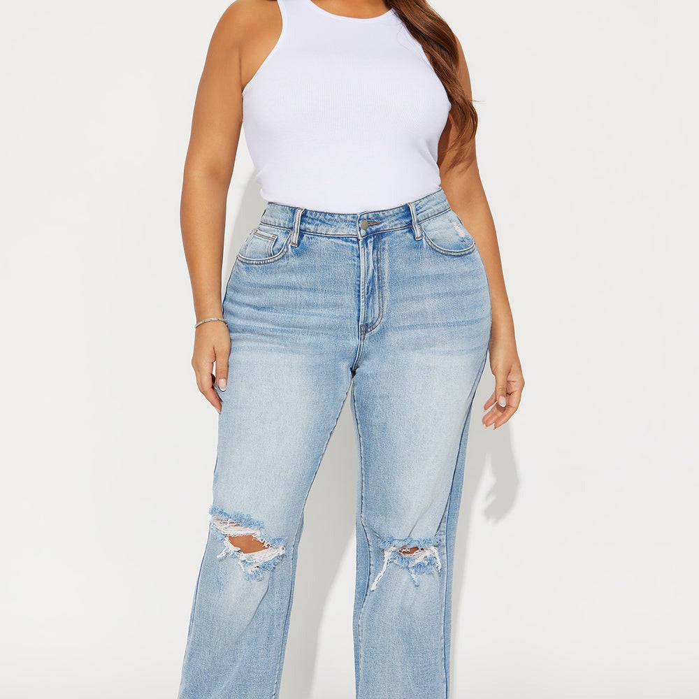 A Secret High Rise Ripped Stretch Straight Leg Jeans