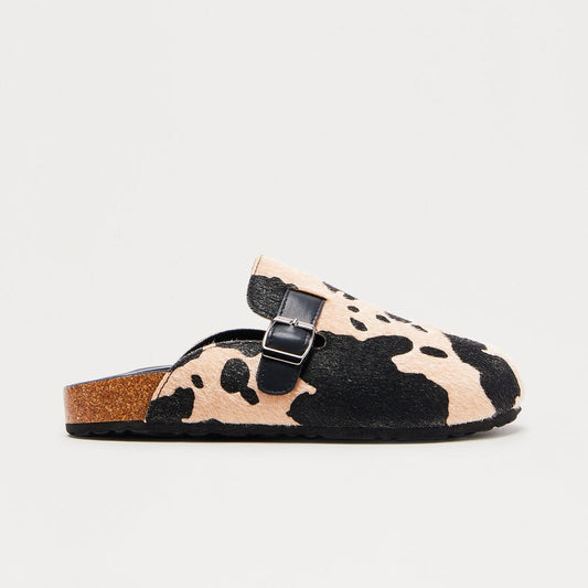 Acres Buckle Cow Print Slides