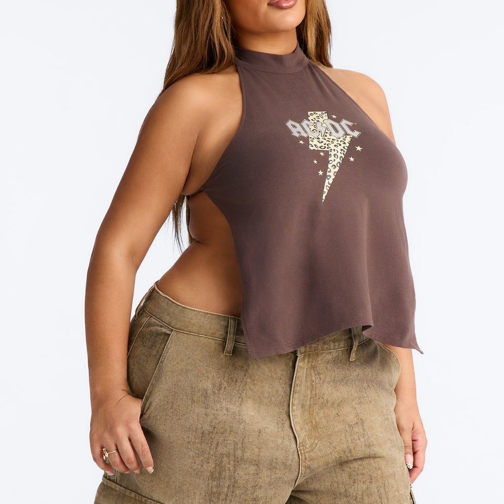 ACDC Mock Neck Backless Halter Top