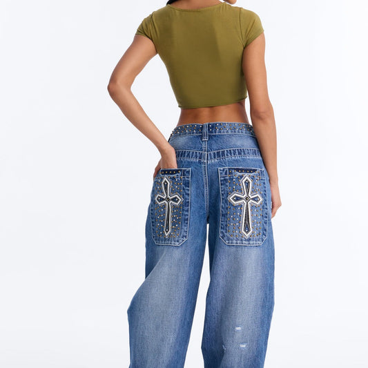 Ainât No Saint Studded Embroidered Baggy Jeans