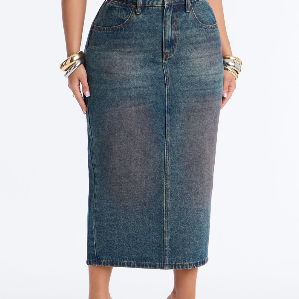 Adri Pink Tinted High Slit Denim Maxi Skirt
