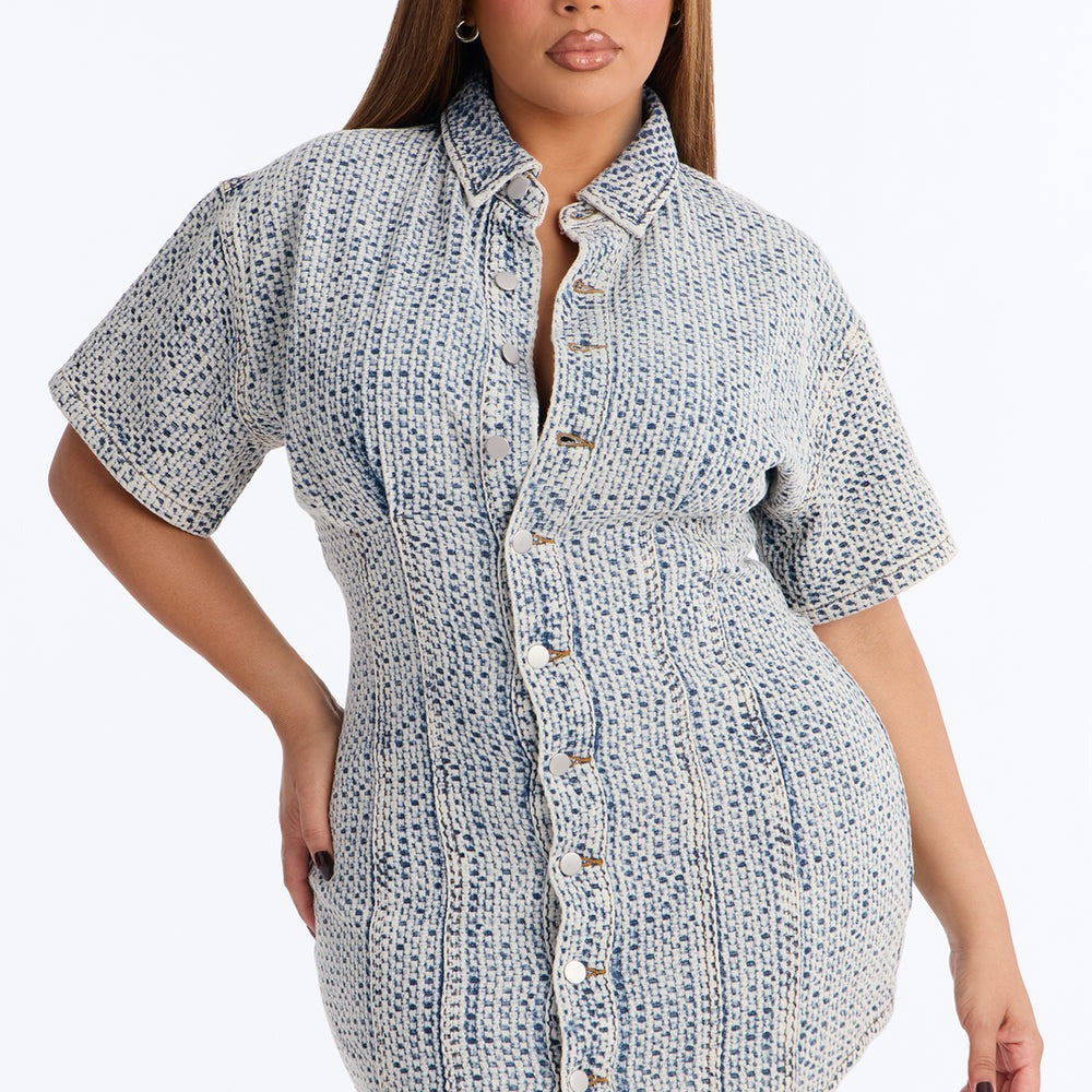 Alessandra Textured Short Sleeve Denim Mini Dress