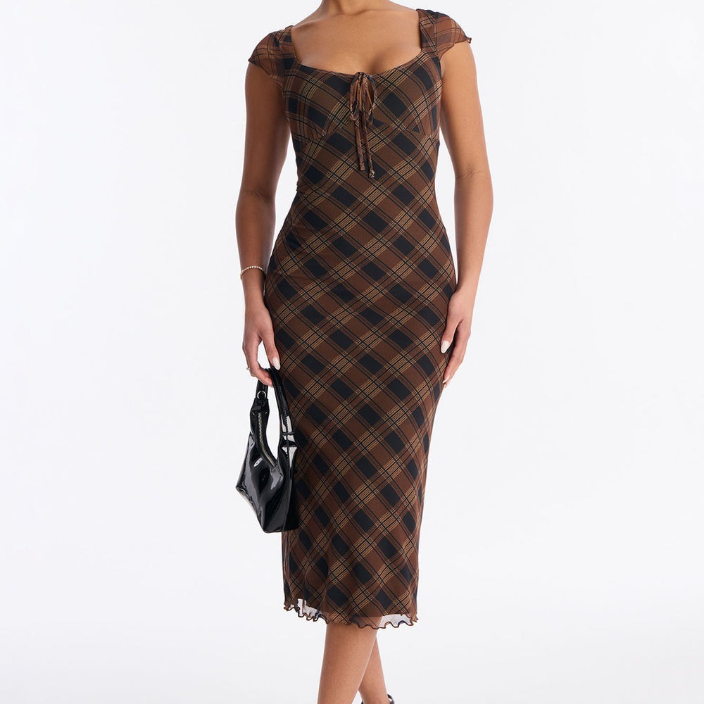 Aisha Plaid Mesh Midi Dress