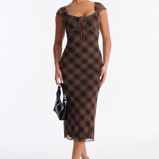 Aisha Plaid Mesh Midi Dress
