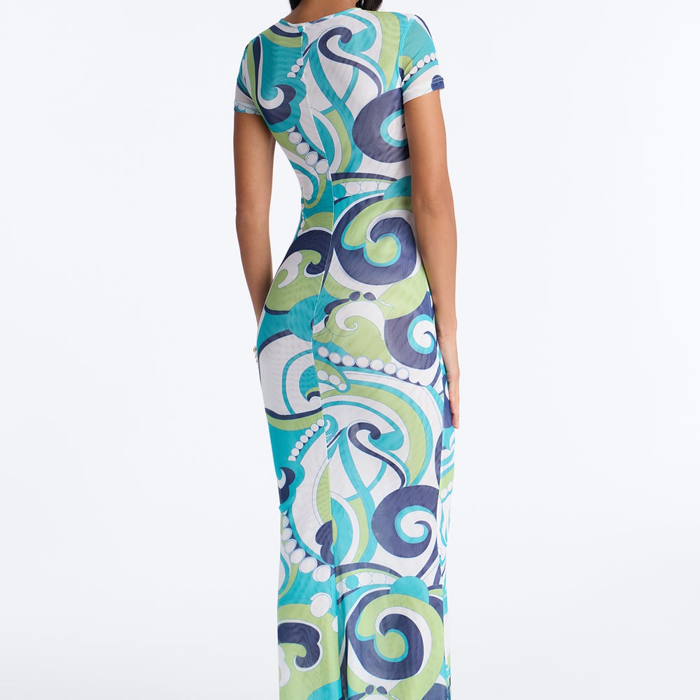 After Sunset Print Mesh Maxi Dress