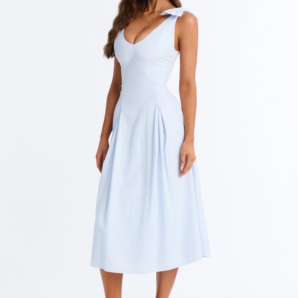 Adele Bow Pinstripe Midi Dress