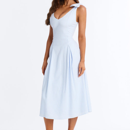 Adele Bow Pinstripe Midi Dress